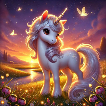 Weißes Einhorn mit goldener Mähne in zauberhafter Glitzerwelt
