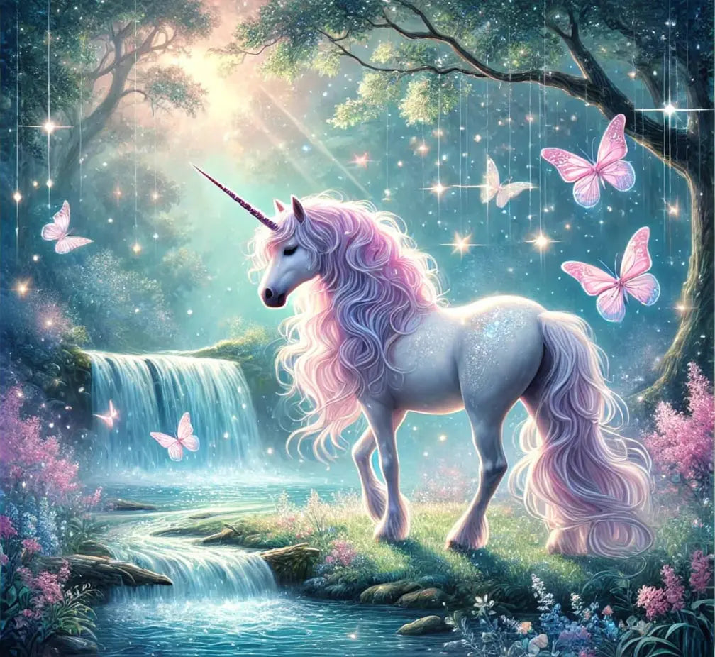 Einhorn am Waldrand bei Mondlicht mit Schmetterlingen – zarte Natur- und Fantasieszene.