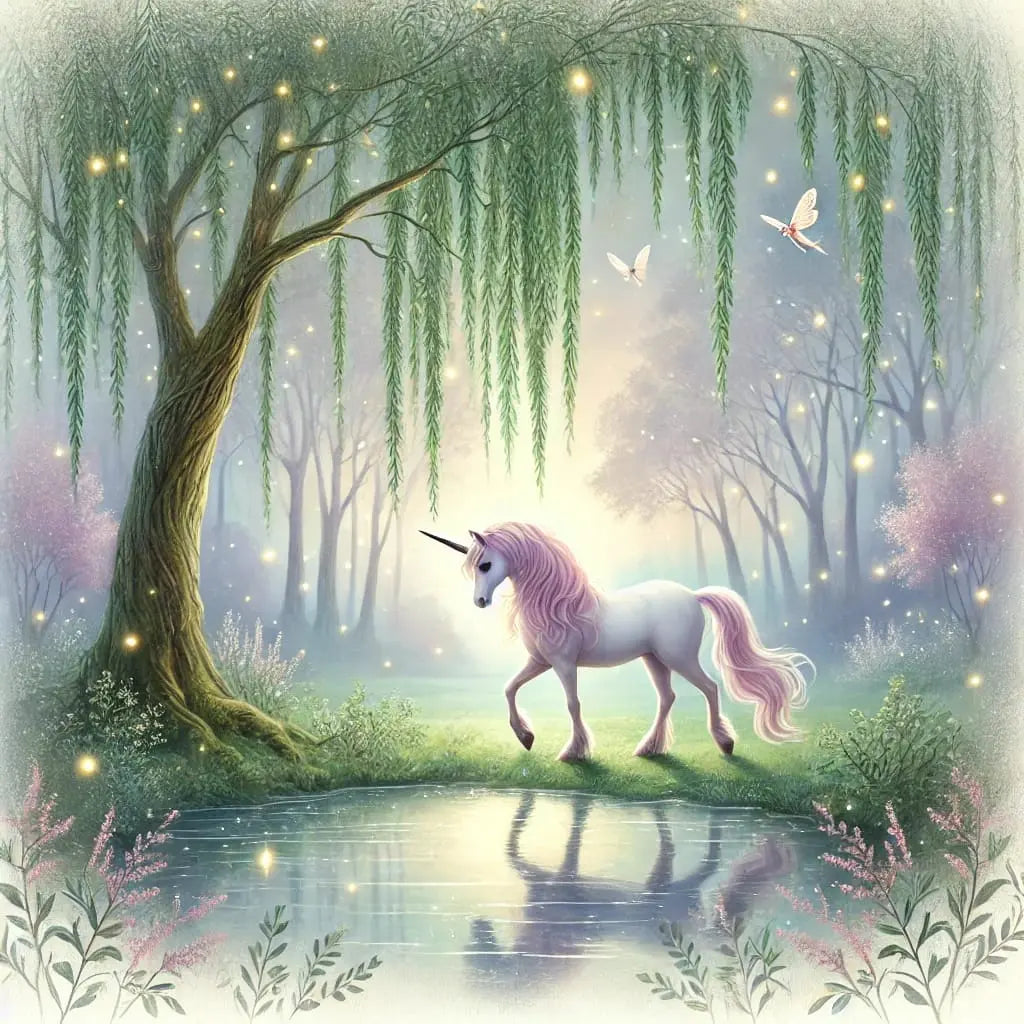 Zartes Einhorn in Lichtung zwischen Weidenbäumen – naturverbundenes Märchenmotiv.