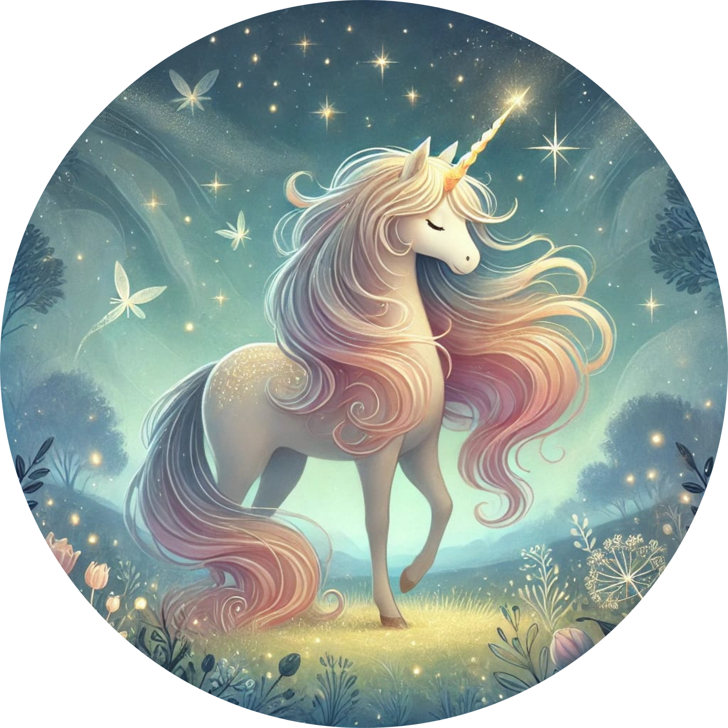 Weißes Einhorn auf einer blühenden Lichtung unter Sternenhimmel