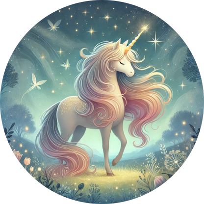 Weißes Einhorn auf einer blühenden Lichtung unter Sternenhimmel