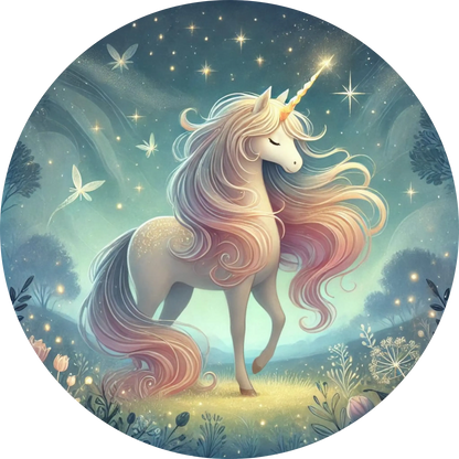 Romantisch leuchtendes Einhorn auf Blumenwiese im Abendlicht