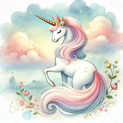 Weißes Einhorn mit Regenbogenmähne auf Wolke – pastelliges, fröhliches Design im Kinderbuchstil.

