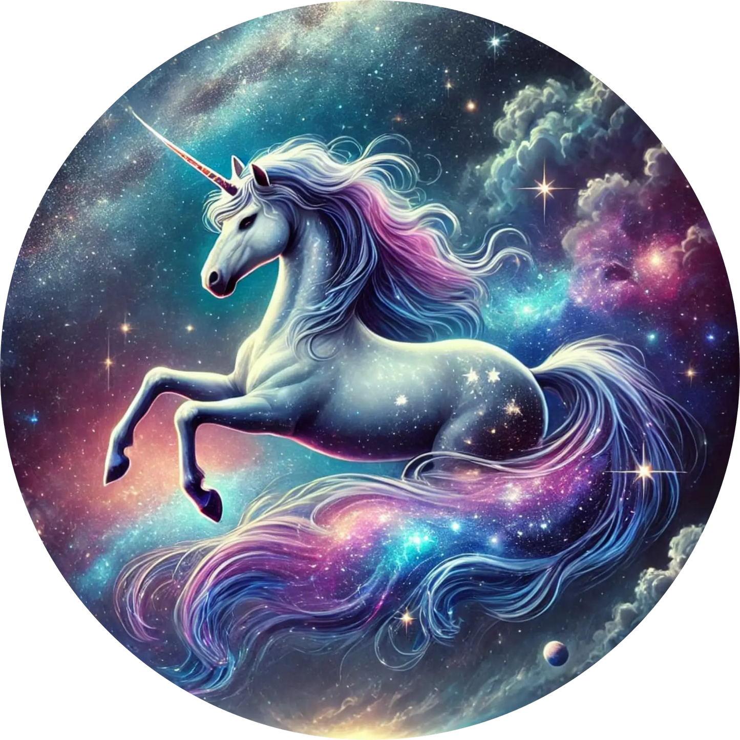 Schwebendes Einhorn in Traumlandschaft mit Glitzerstaub 