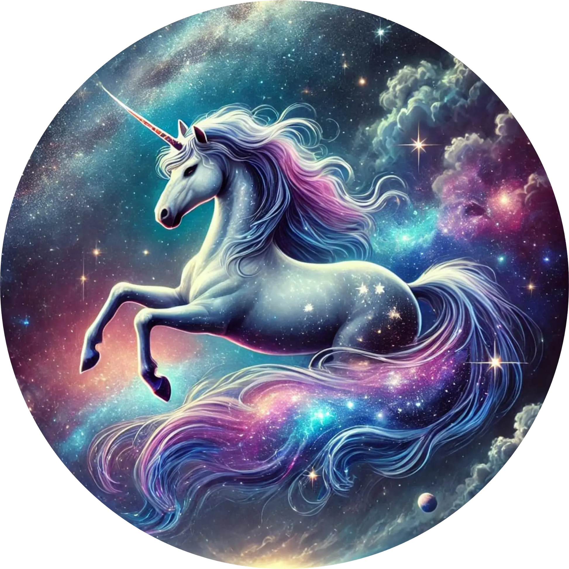 Schwebendes Einhorn in Traumlandschaft mit Glitzerstaub 