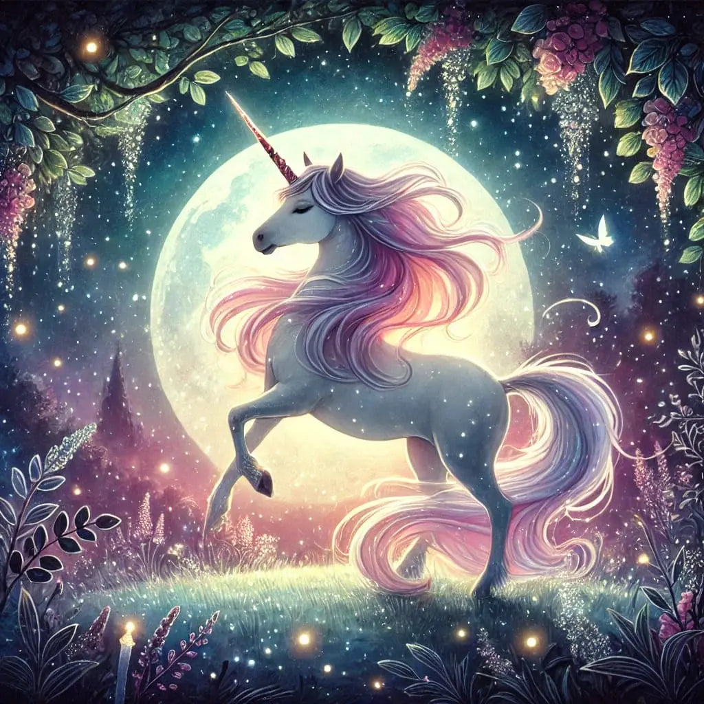 Magisches Einhorn in nächtlicher Glitzerlandschaft, umgeben von Lichtkugeln