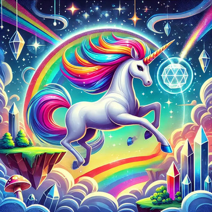 Einhorn auf Regenbogen mit Weltraum-Hintergrund – bunt, verspielt und fantasievoll.