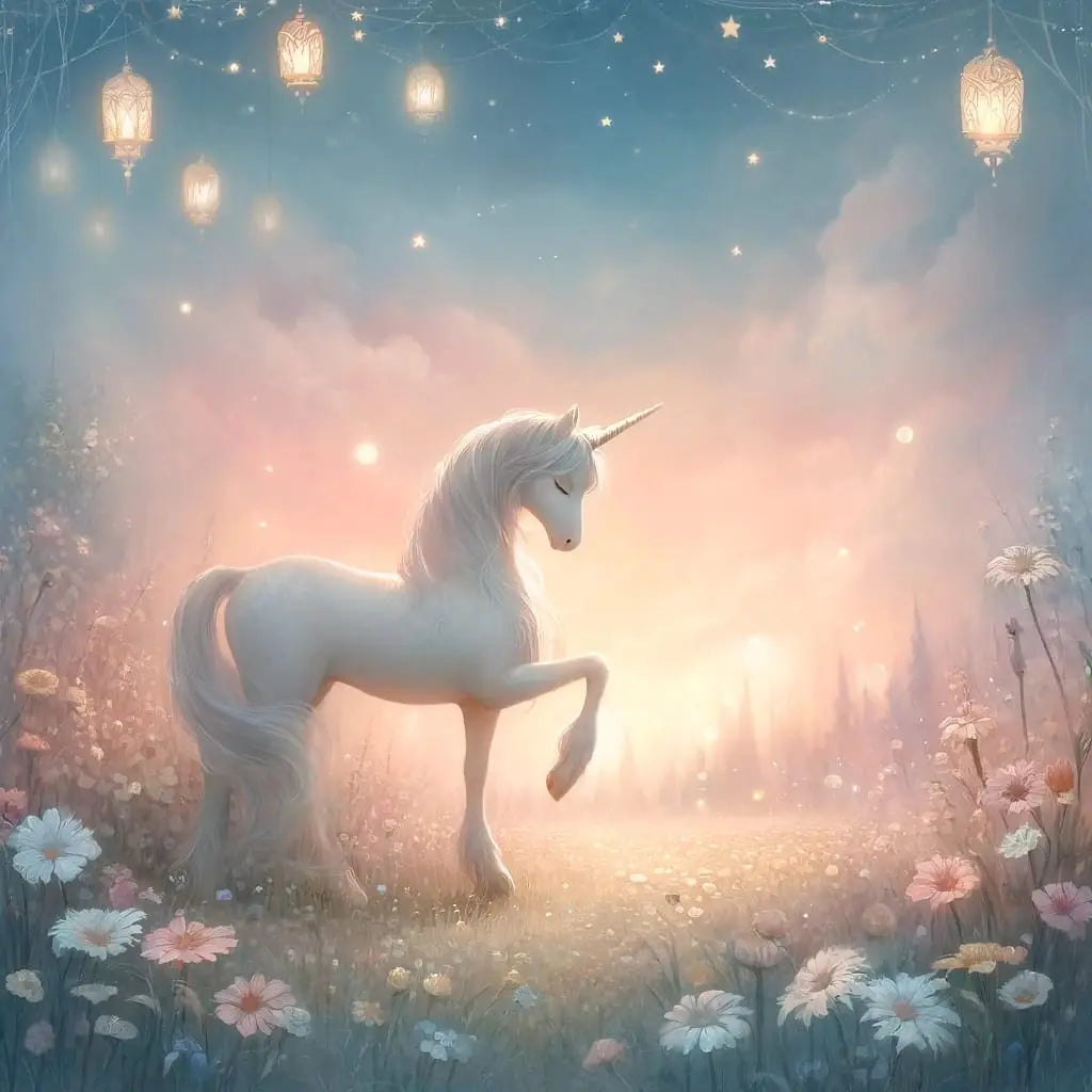 Einhorn in Blumenwiese bei Dämmerung – friedlich und harmonisch im romantischen Stil.