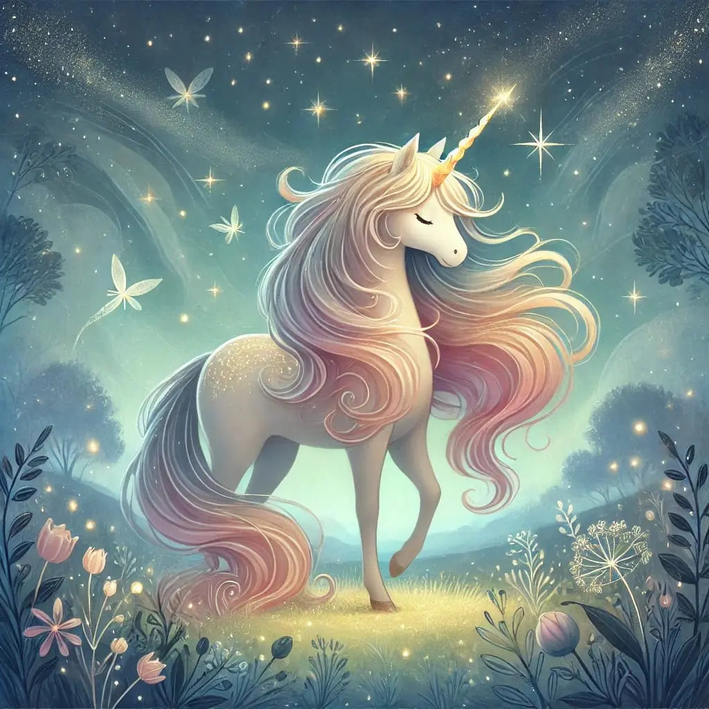 Ein weißes Einhorn steht majestätisch in einem glitzernden Wald voller Schmetterlinge und Lichtreflexe.