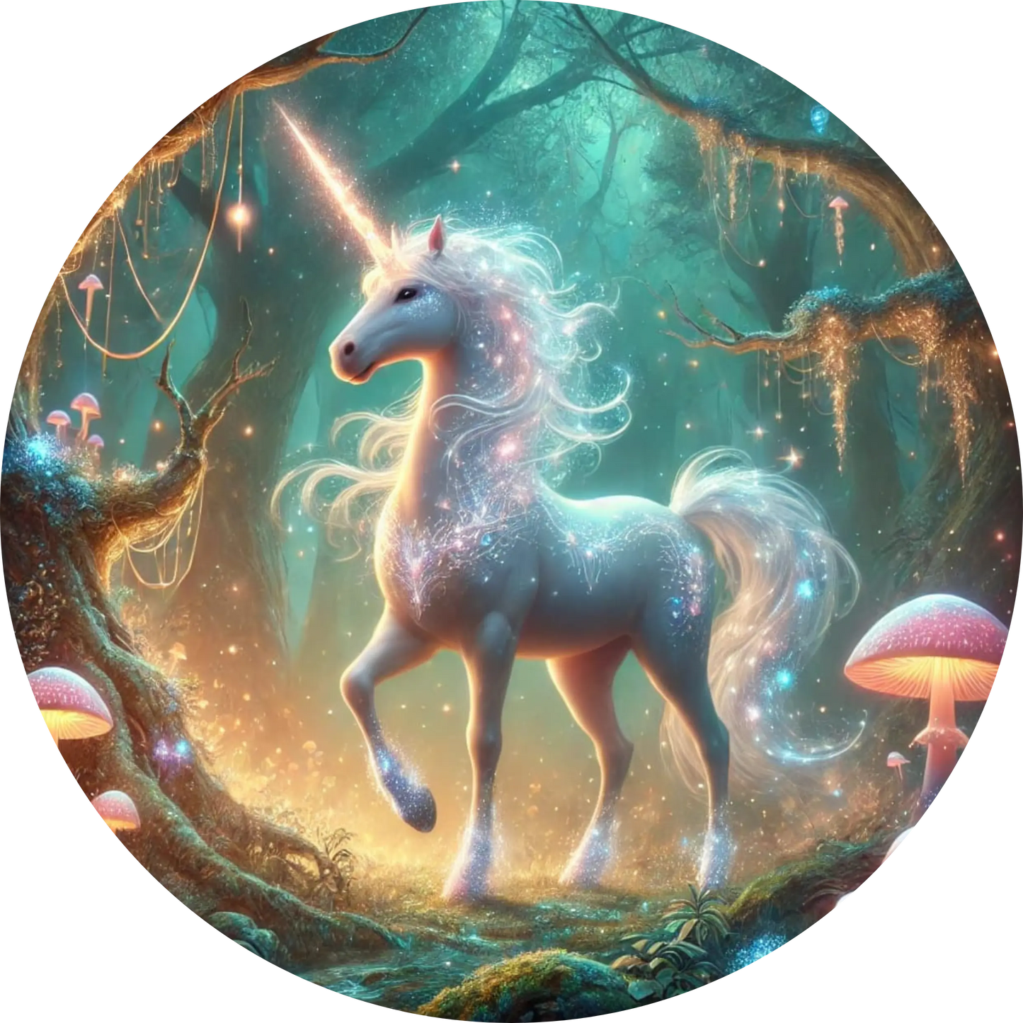 Einhorn mit Geweih, umgeben von Pilzen im Zauberwald