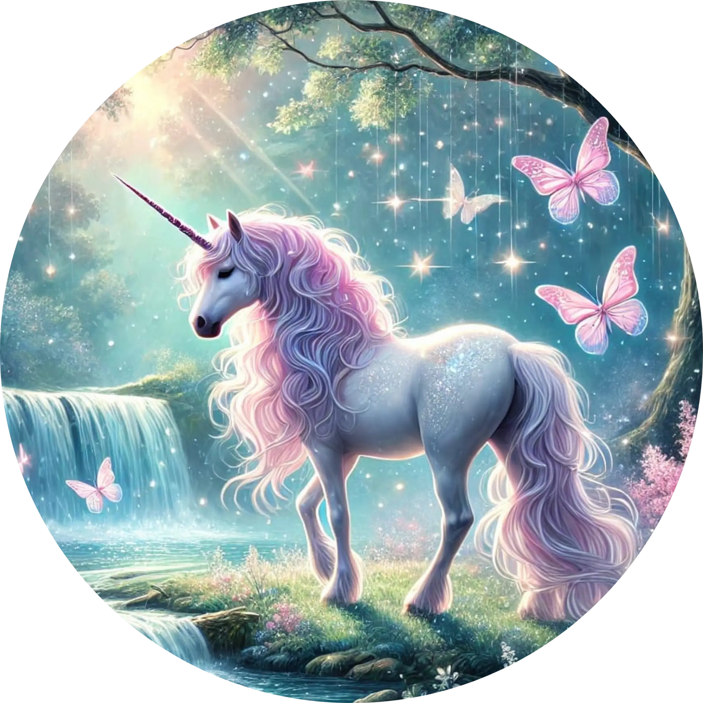 Weißes Einhorn mit rosa Mähne auf einer Blumenwiese
