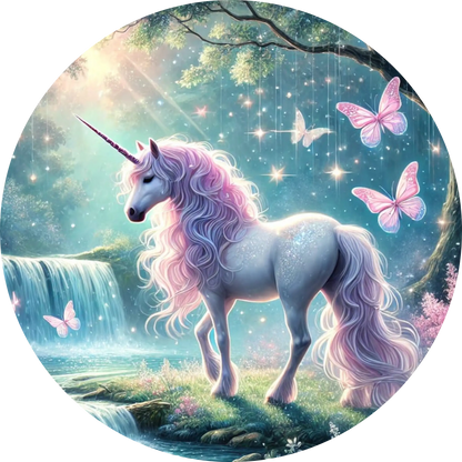 Weißes Einhorn mit rosa Mähne auf einer Blumenwiese
