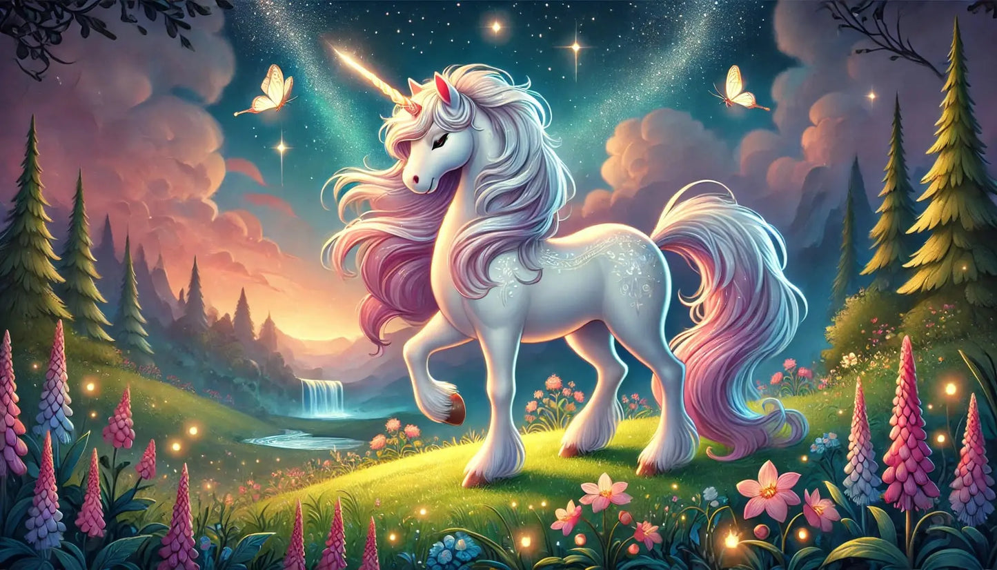 Weißes Einhorn vor märchenhaftem Sonnenuntergang in der Natur