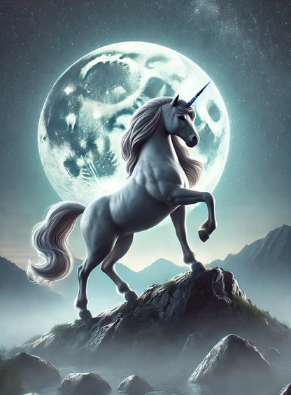 Weißes Einhorn auf Felsen vor Vollmond – kraftvolle, dramatische Pose in Nachtlandschaft.
