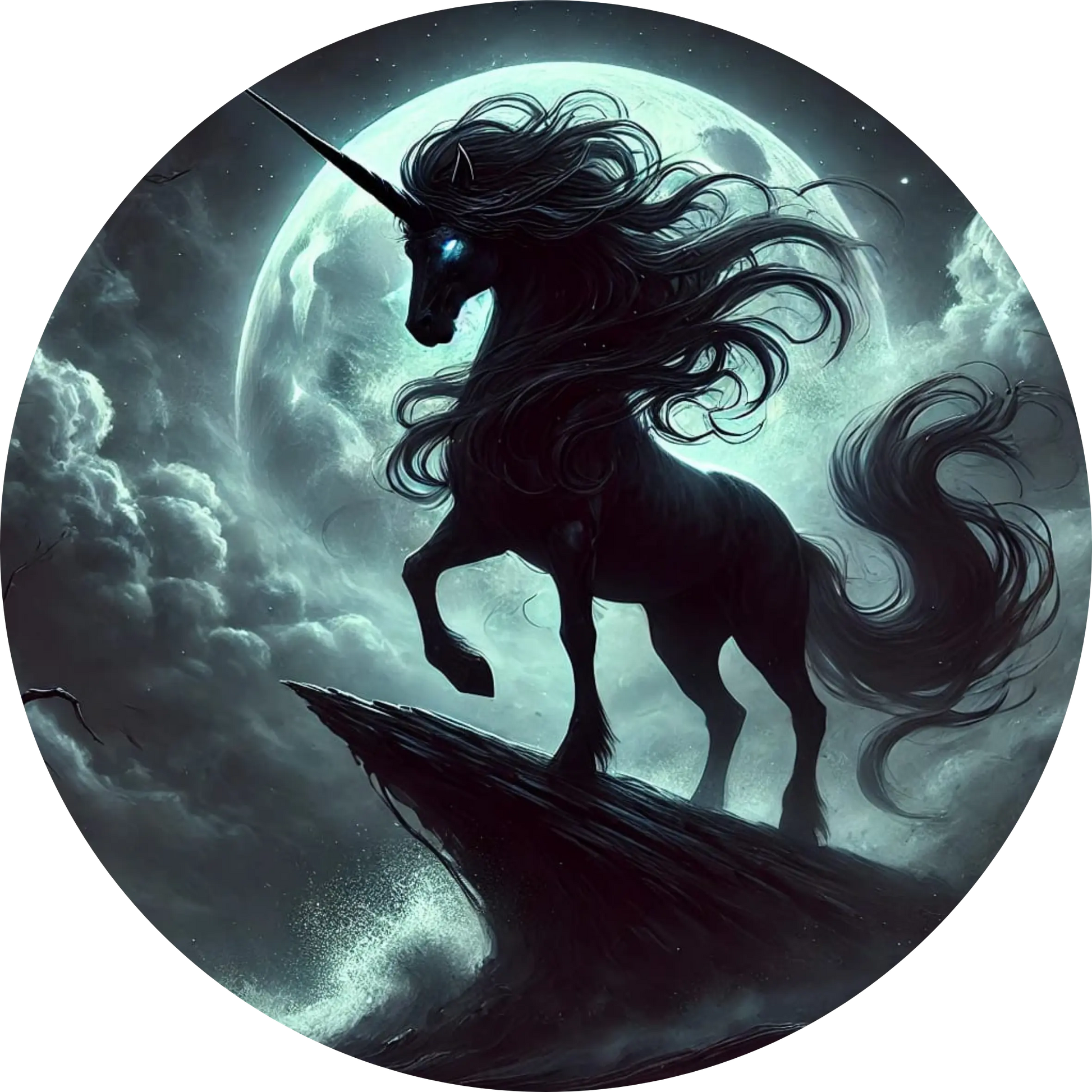 Schwarzes Einhorn unter dramatischem Vollmond