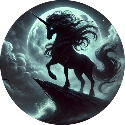 Schwarzes Einhorn unter dramatischem Vollmond