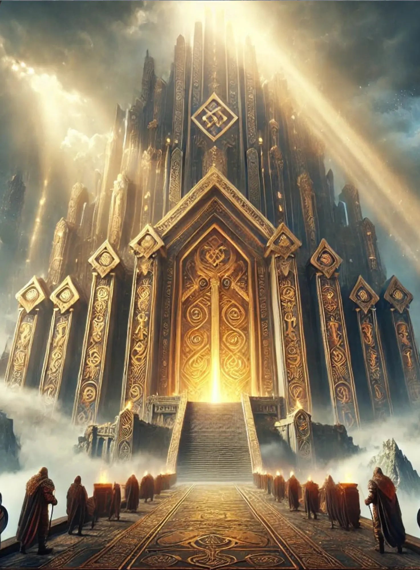 Majestätischer goldener Tempel mit Treppen – spiritueller Ort aus dem Norden.