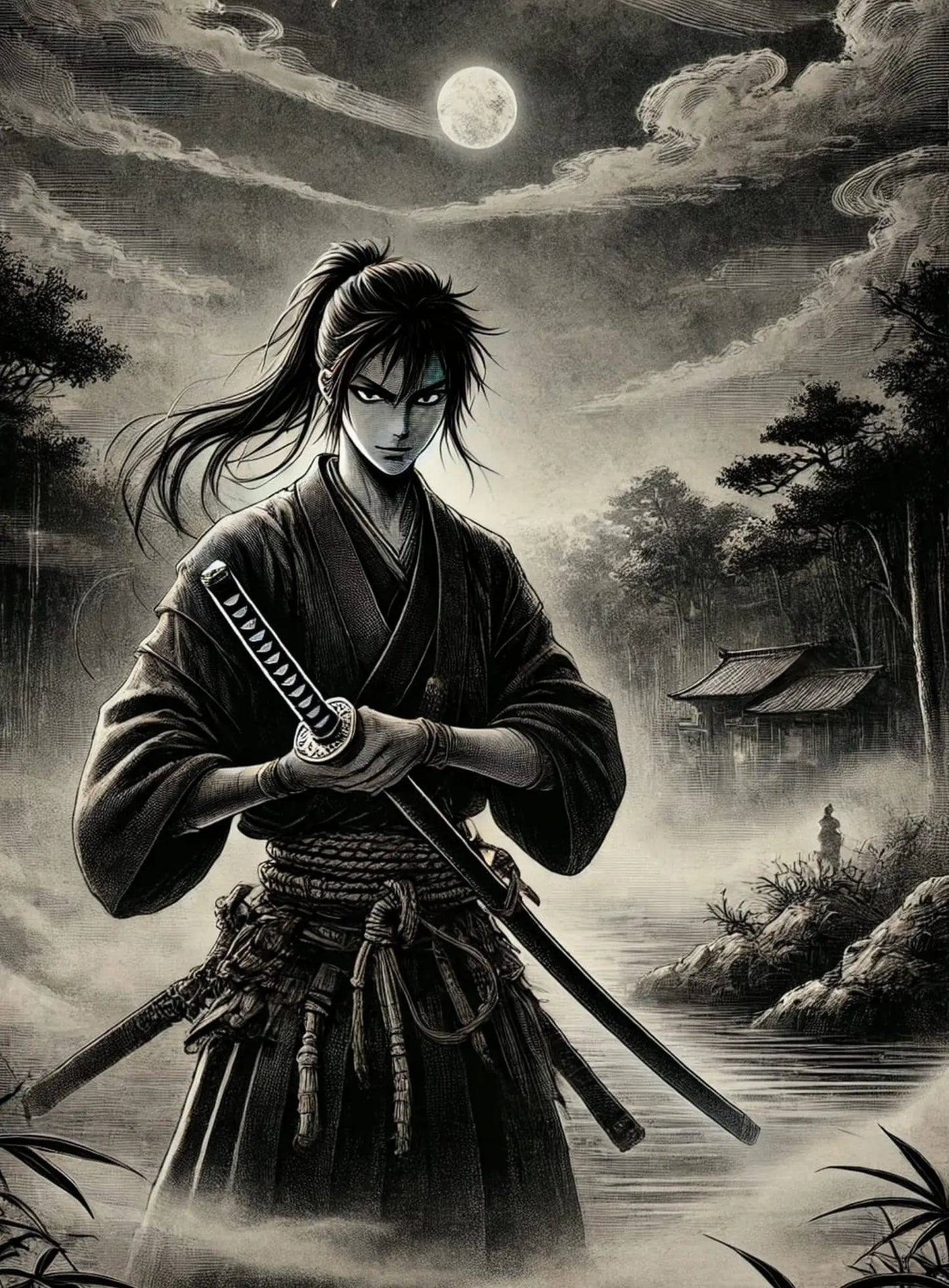 Einsamer Samurai unter dem Mond:
Ein ernst blickender Manga-Samurai steht mit verschränkten Armen unter einem vollen Mond in einer dramatischen, schattierten Schwarz-Weiß-Zeichnung.
