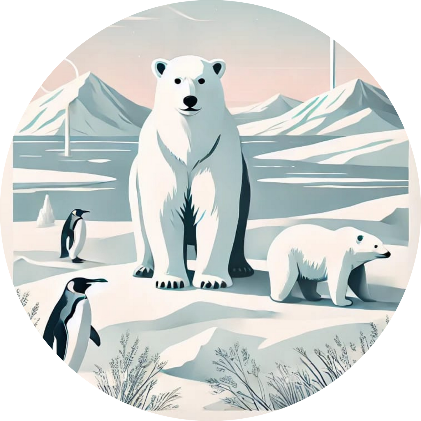 Eisbär mit zwei kleinen Bären auf schneebedecktem Eis – arktisches Tiermotiv
