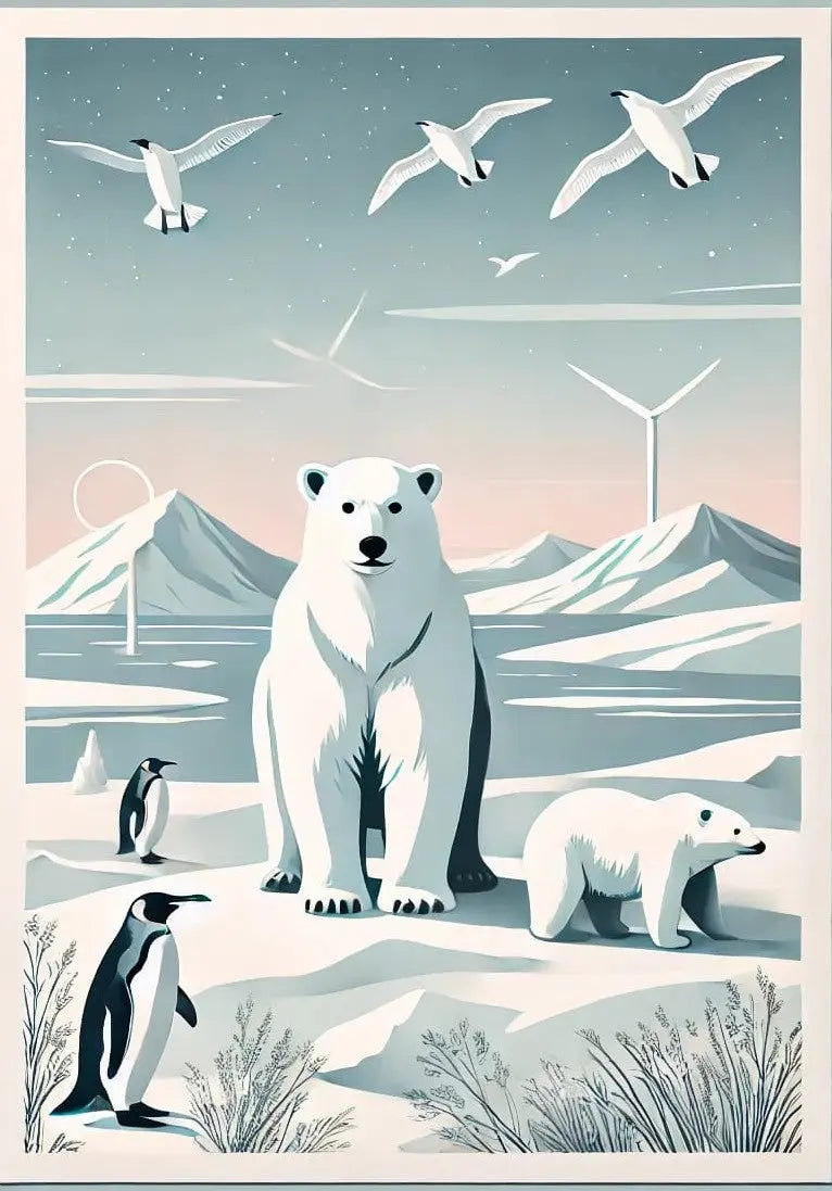 Eisbärenfamilie mit Pinguinen auf verschneitem Gletscher unter Möwen.