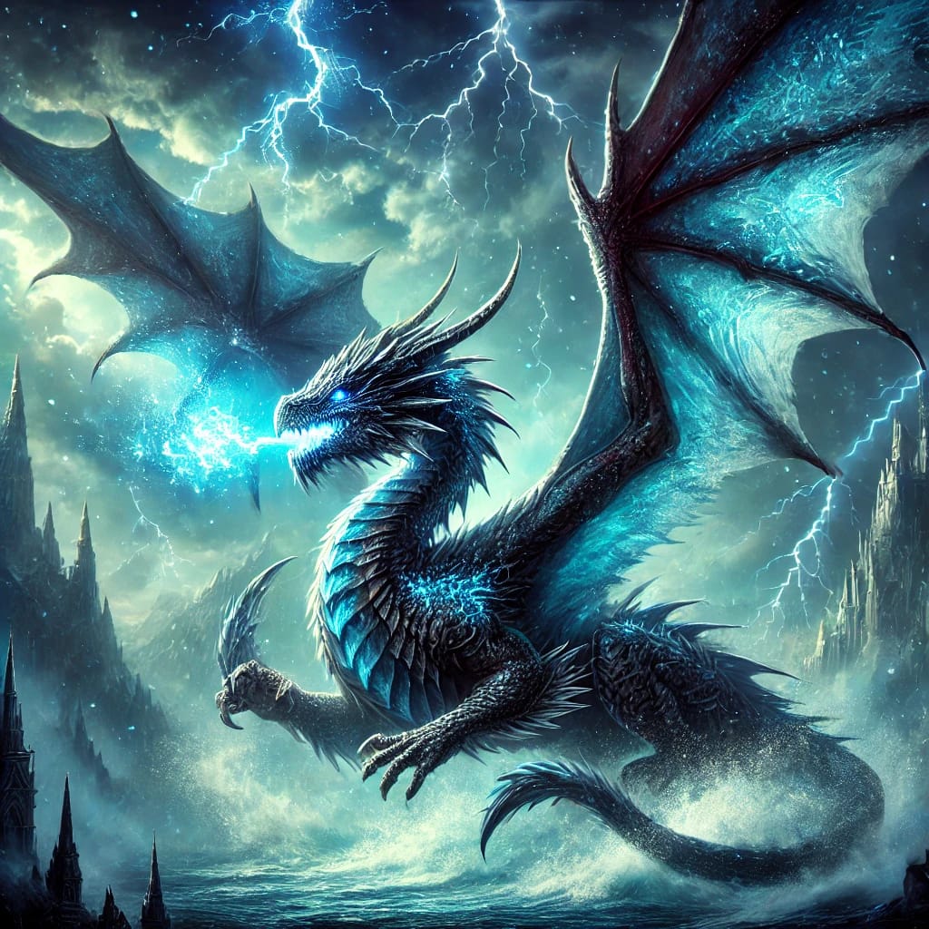 Bedrohlicher schwarzer Drache fliegt durch ein elektrisches Gewitter.