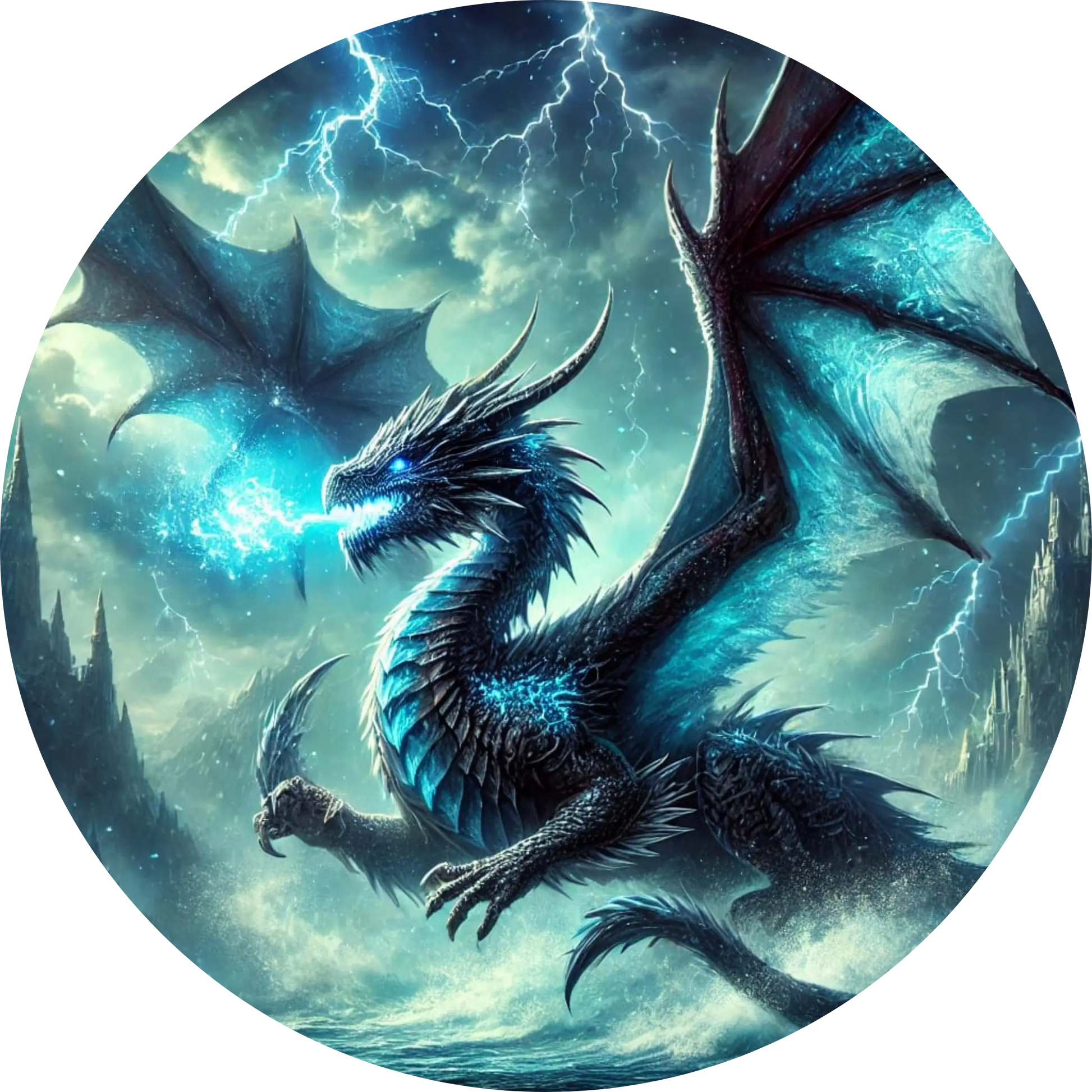 Eisdrache in Schneelandschaft mit glitzerndem Atem