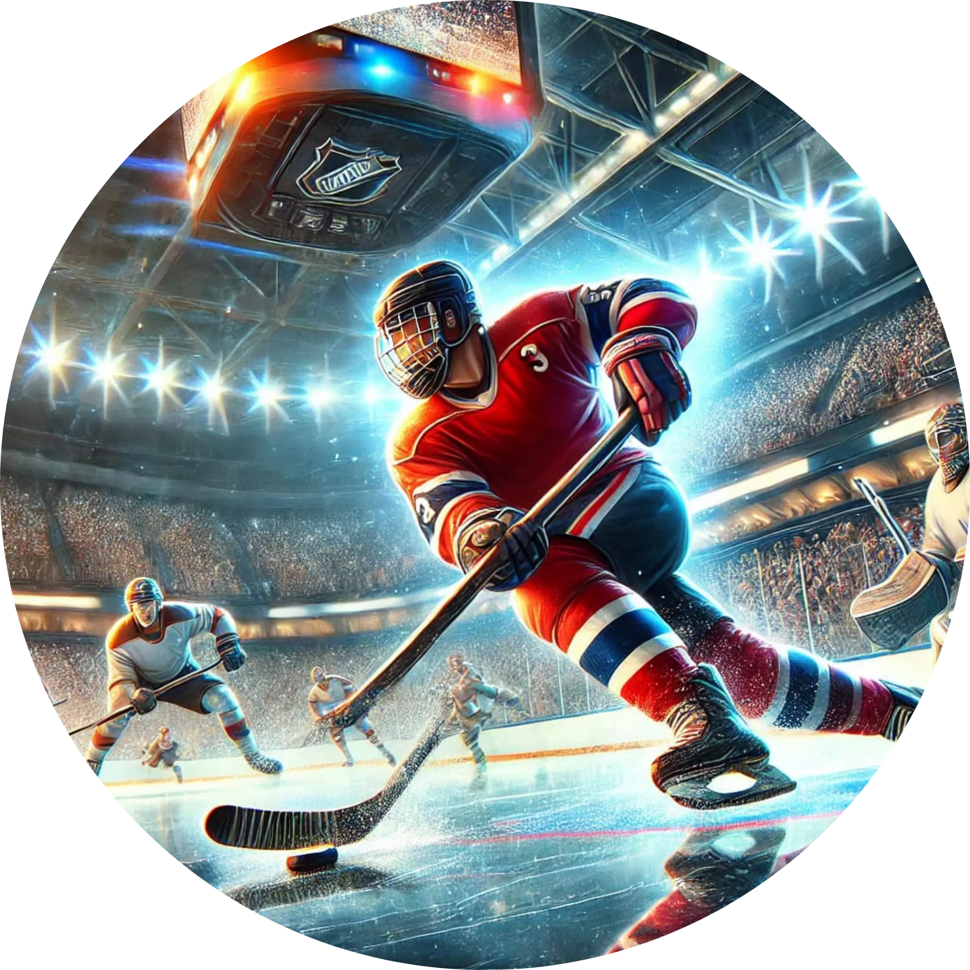 Eishockey-Spieler in Aktion auf dem Eis, dramatische Beleuchtung und Bewegung eingefroren.