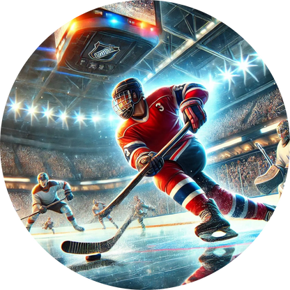 Eishockey-Spieler in Aktion auf dem Eis, dramatische Beleuchtung und Bewegung eingefroren.