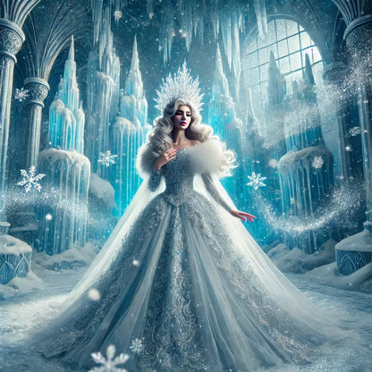 Eine Königin im glitzernden Schneekleid steht majestätisch in einer eisigen Winterlandschaft – inspiriert von klassischen Wintermärchen.