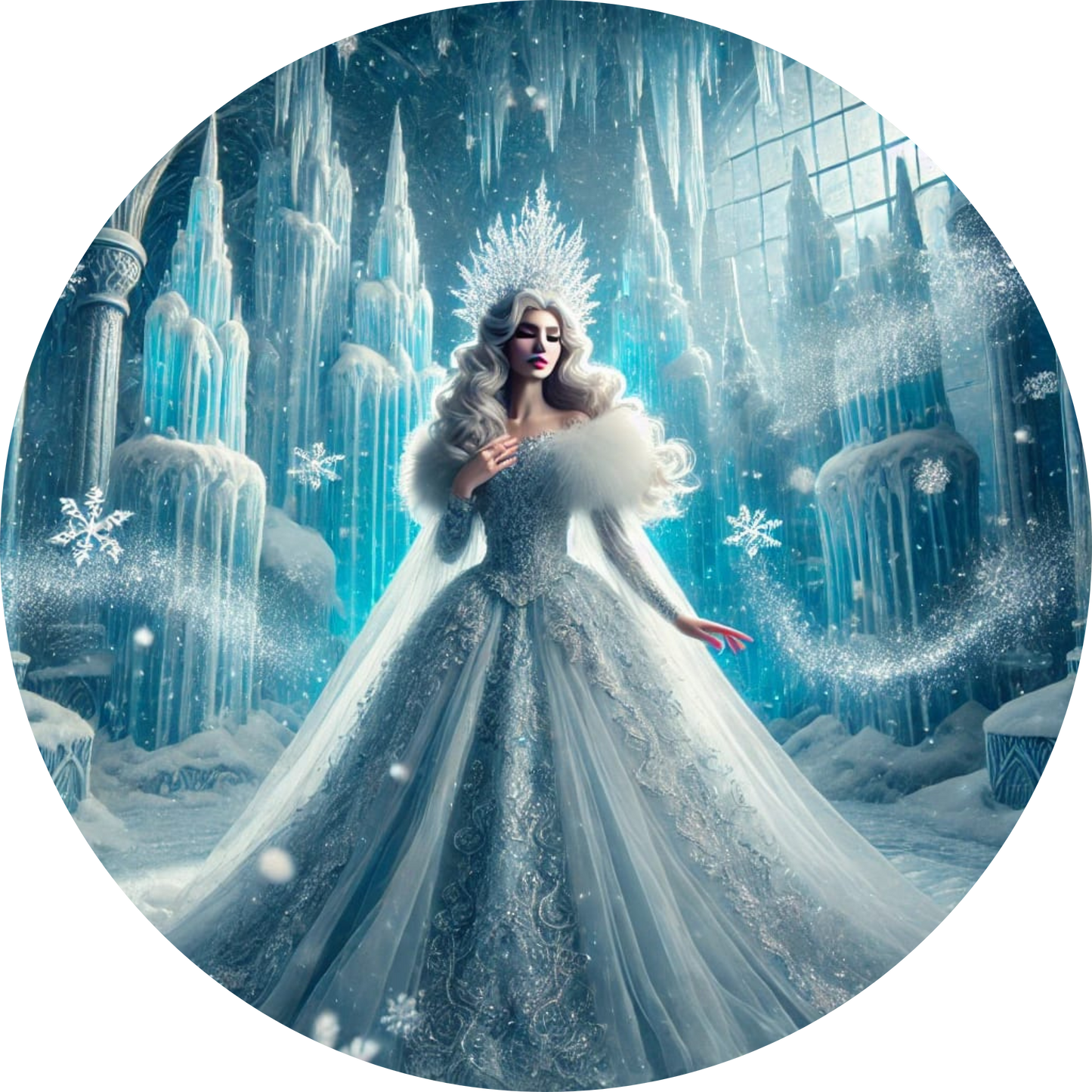 Eisprinzessin im schimmernden Eispalast vor frostiger Kulisse