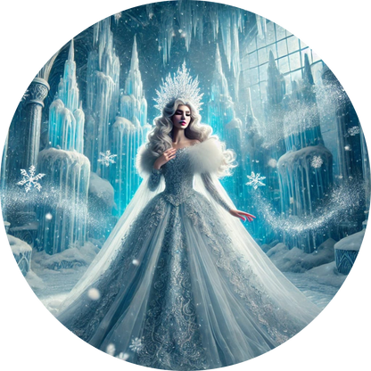 Eisprinzessin im schimmernden Eispalast vor frostiger Kulisse