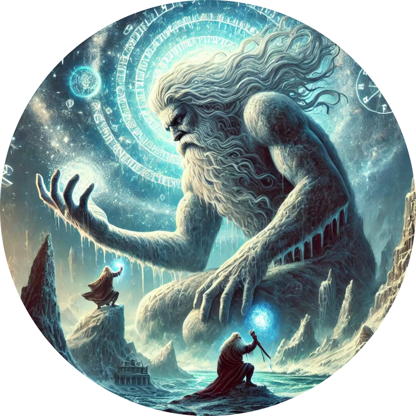 Mythischer Eisriese in einer verschneiten nordischen Landschaft – eine winzige Figur blickt zu dem kolossalen Wesen auf, das eisige Energie ausstrahlt.