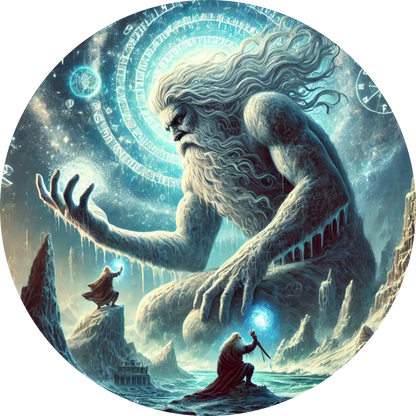 Mythischer Eisriese in einer verschneiten nordischen Landschaft – eine winzige Figur blickt zu dem kolossalen Wesen auf, das eisige Energie ausstrahlt.