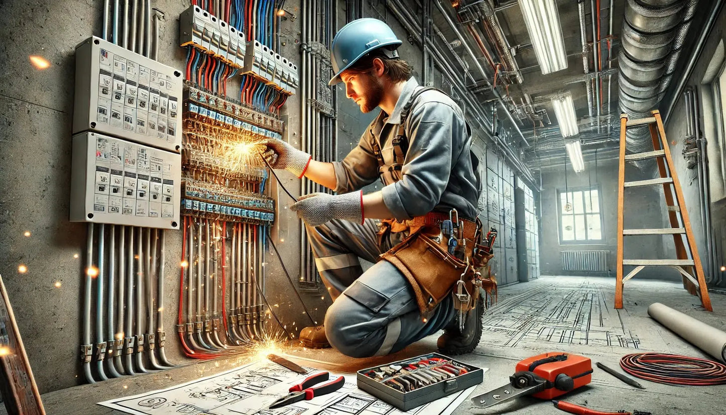 Elektriker bei der Arbeit an einem Sicherungskasten, mit Funkenflug und präziser Konzentration – technischer Beruf in Aktion.