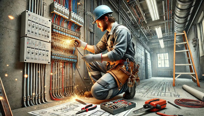 Elektriker bei der Arbeit an einem Sicherungskasten, mit Funkenflug und präziser Konzentration – technischer Beruf in Aktion.