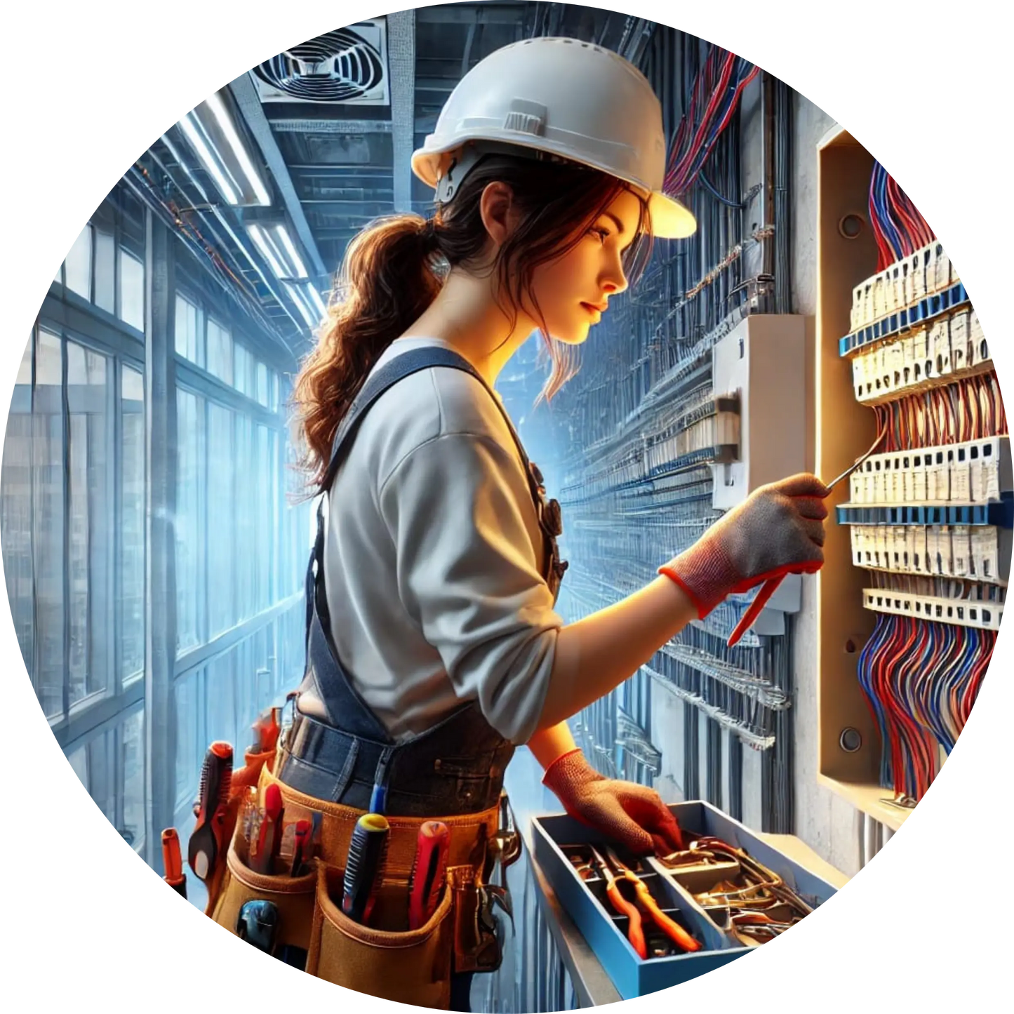 Elektrikerin mit Helm und Tablet in einer Produktionshalle