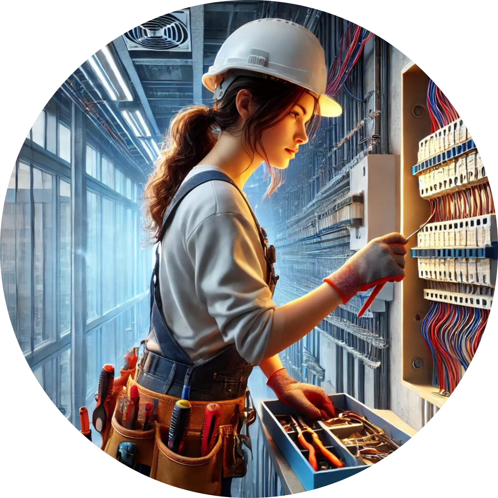 Elektrikerin mit Helm und Tablet in einer Produktionshalle