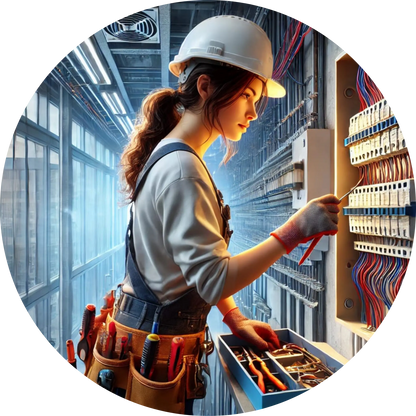 Elektrikerin mit Helm und Tablet in einer Produktionshalle