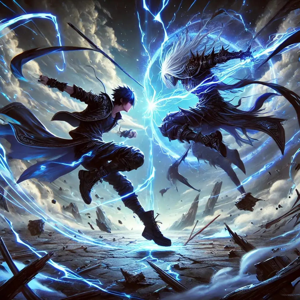 Zwei Manga-Charaktere im Kampf mit elektrischen Kräften in düsterer Atmosphäre.