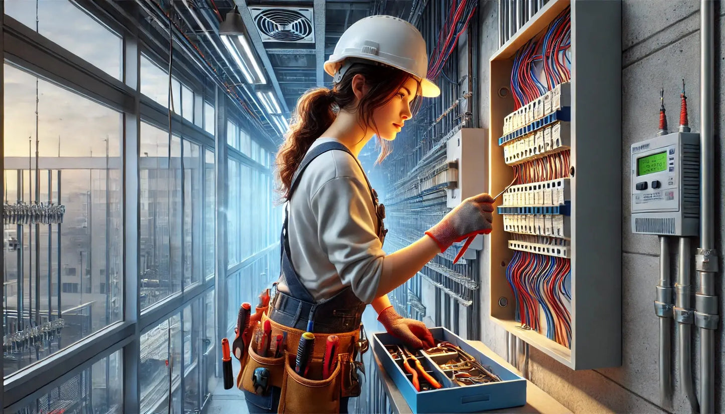 Elektrikerin mit Werkzeugtasche vor geöffnetem Schaltschrank – moderne Darstellung einer Frau in einem technischen Beruf.