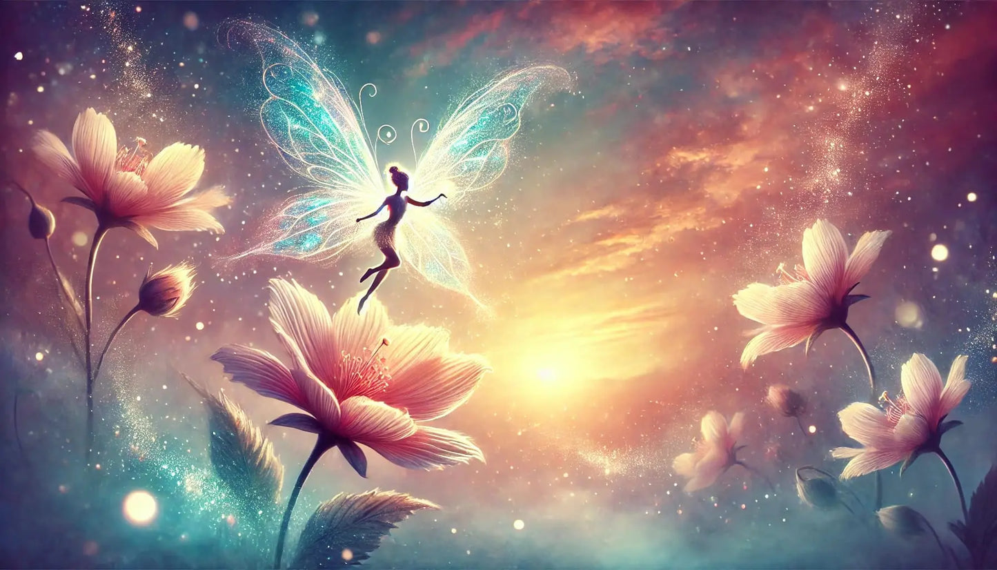 Elfe auf einer Blume, hält ein Licht in der Hand, umgeben von magischem Glanz