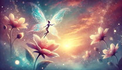 Elfe auf einer Blume, hält ein Licht in der Hand, umgeben von magischem Glanz