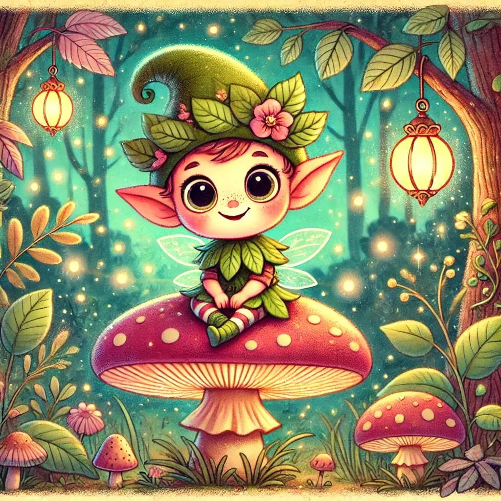 Fröhlicher Pilzgeist mit Blattmütze sitzt auf einem großen Fliegenpilz