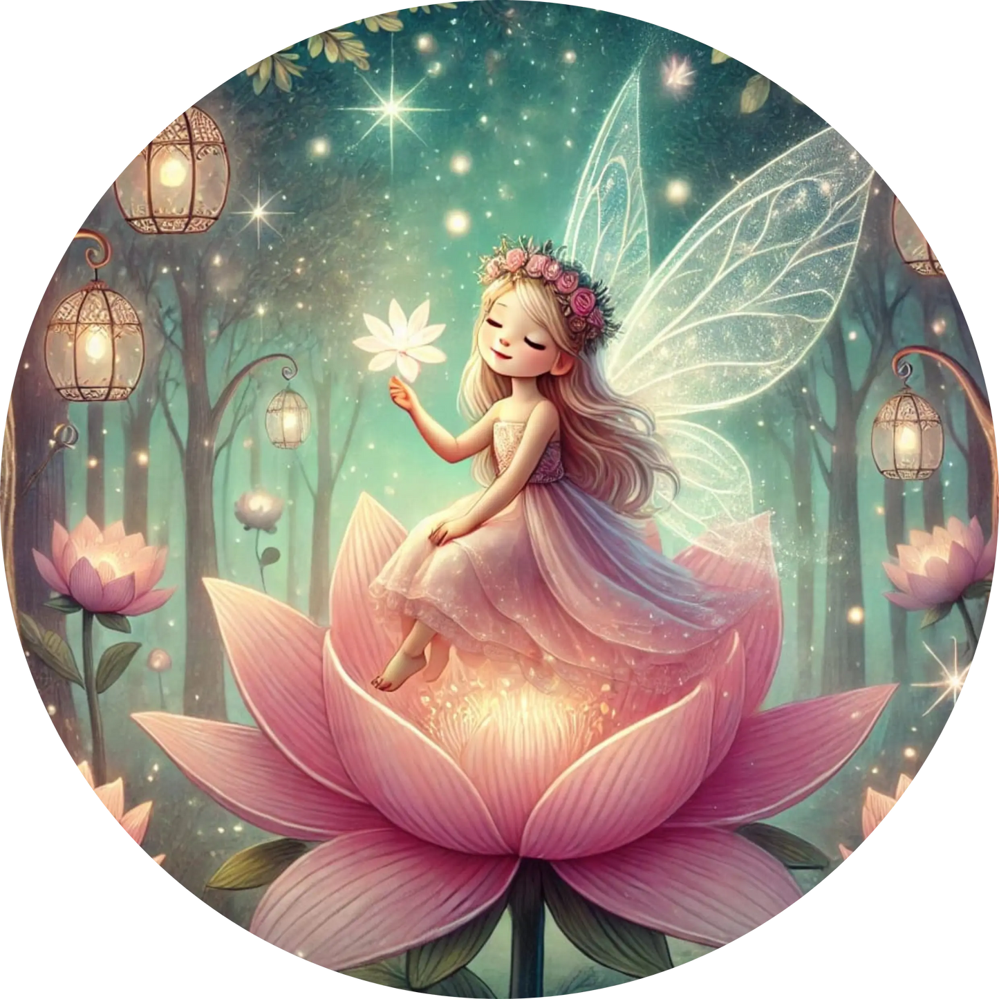 Feenprinzessin mit leuchtenden Flügeln in magischer Waldlichtung