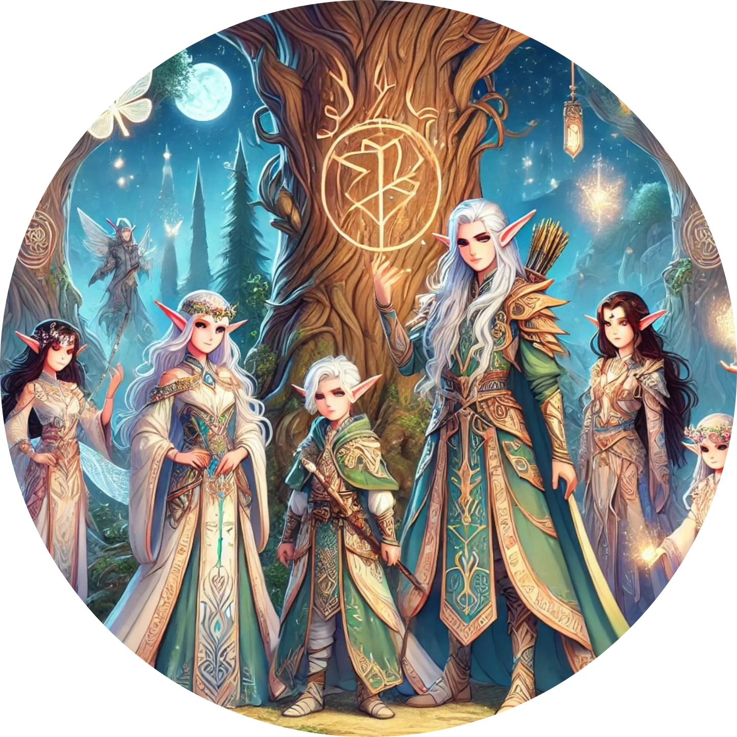 Elfenmädchen in prächtiger Robe im magischen Wald