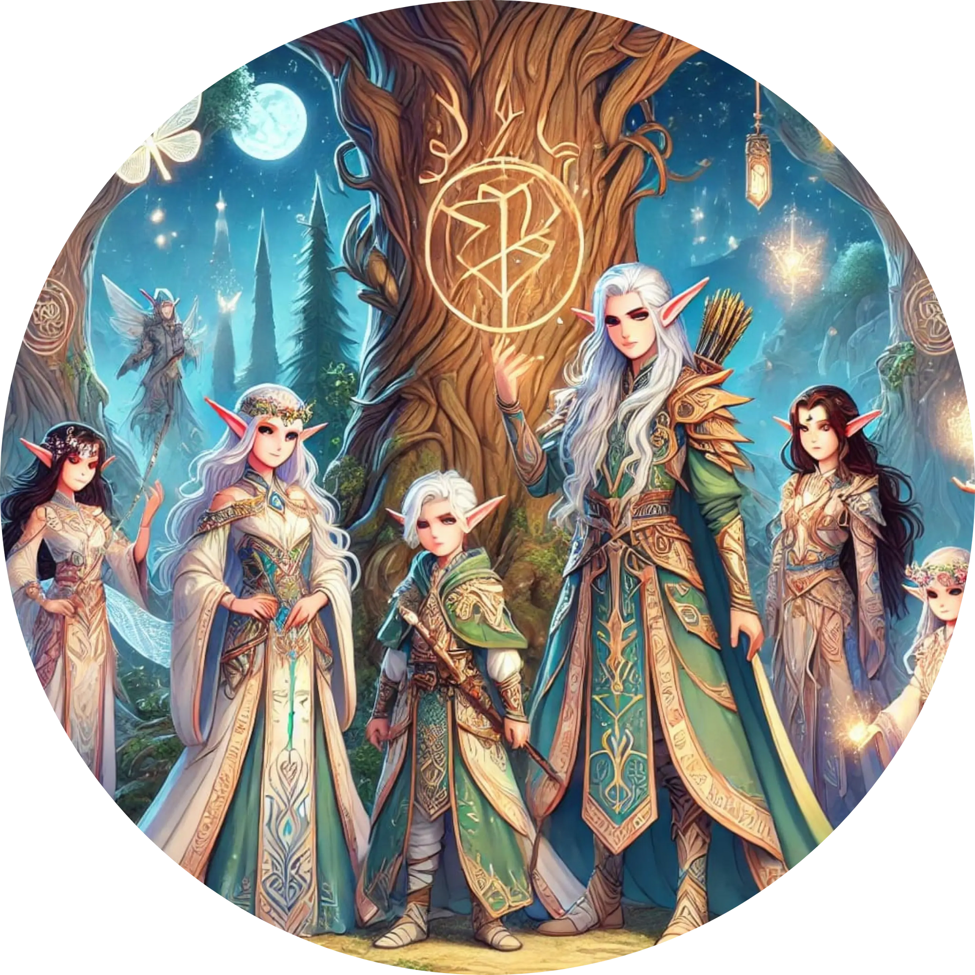 Elfenmädchen in prächtiger Robe im magischen Wald