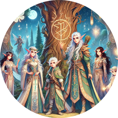 Elfenmädchen in prächtiger Robe im magischen Wald