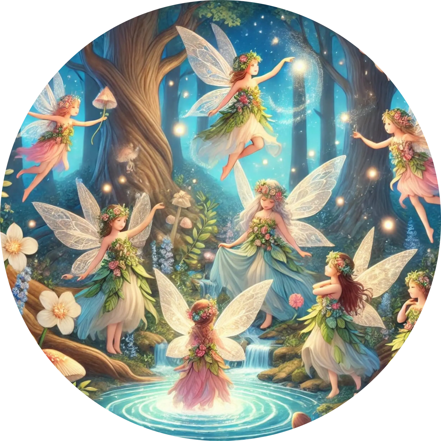 Tanzende Elfen im Zauberwald mit bunten Lichtern