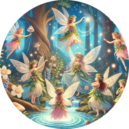 Tanzende Elfen im Zauberwald mit bunten Lichtern