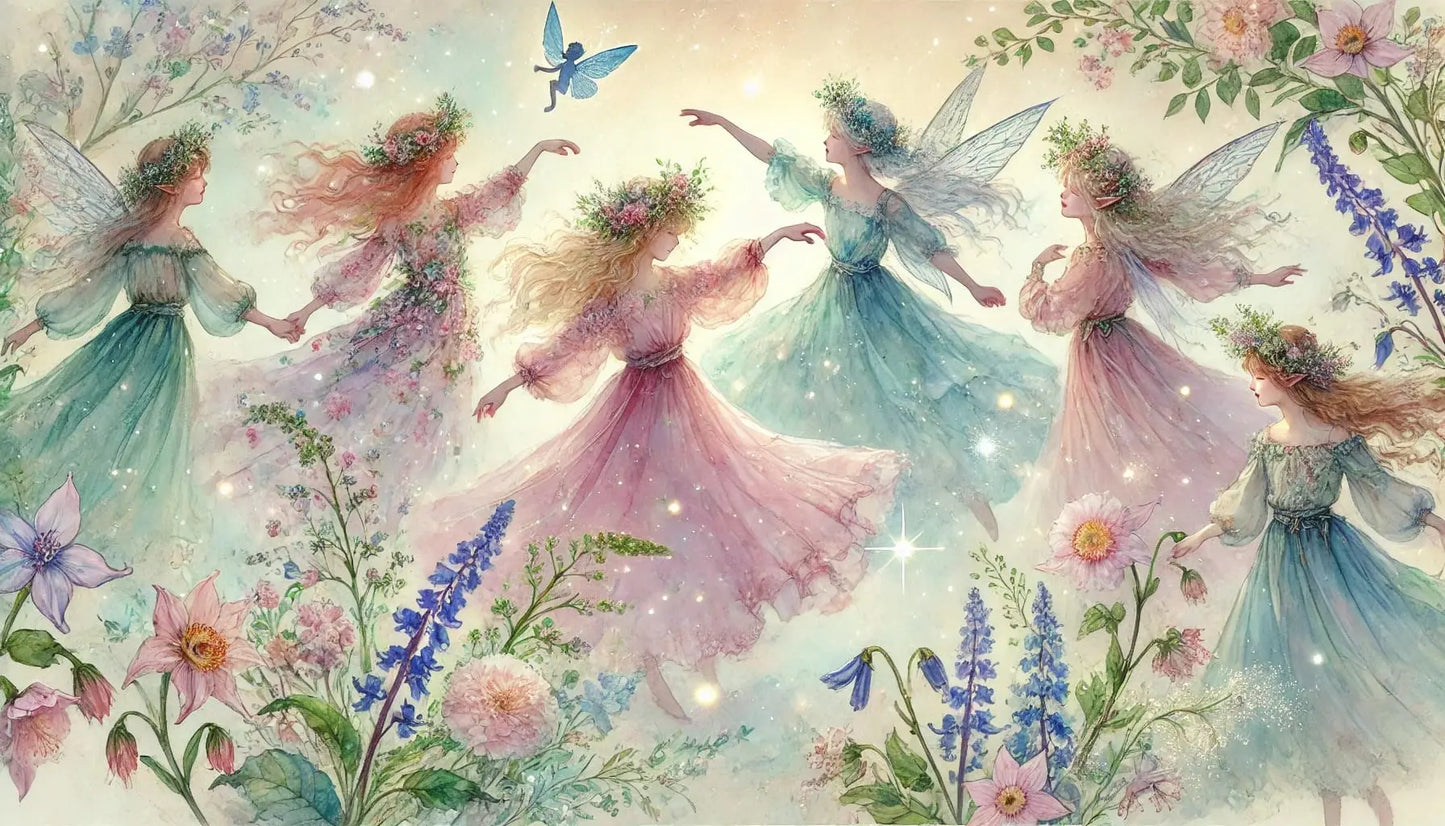 Fünf Elfen, die in einem farbenfrohen Lichtkreis tanzen, umgeben von Glitzerstaub